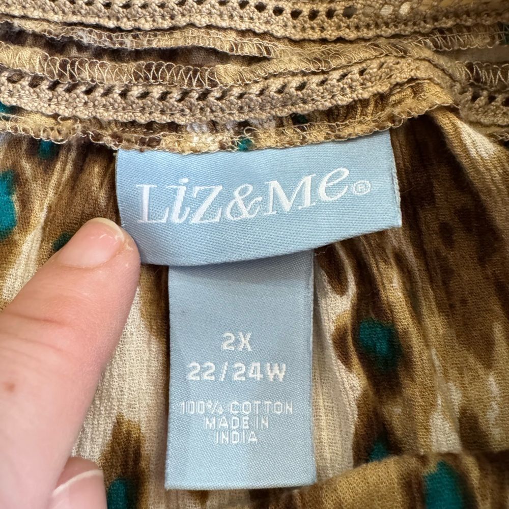 Liz & Me Women's Animal Print Neutral Turquiose 100% Cotton Blouse Top Size 2X - Picture 5 of 5
